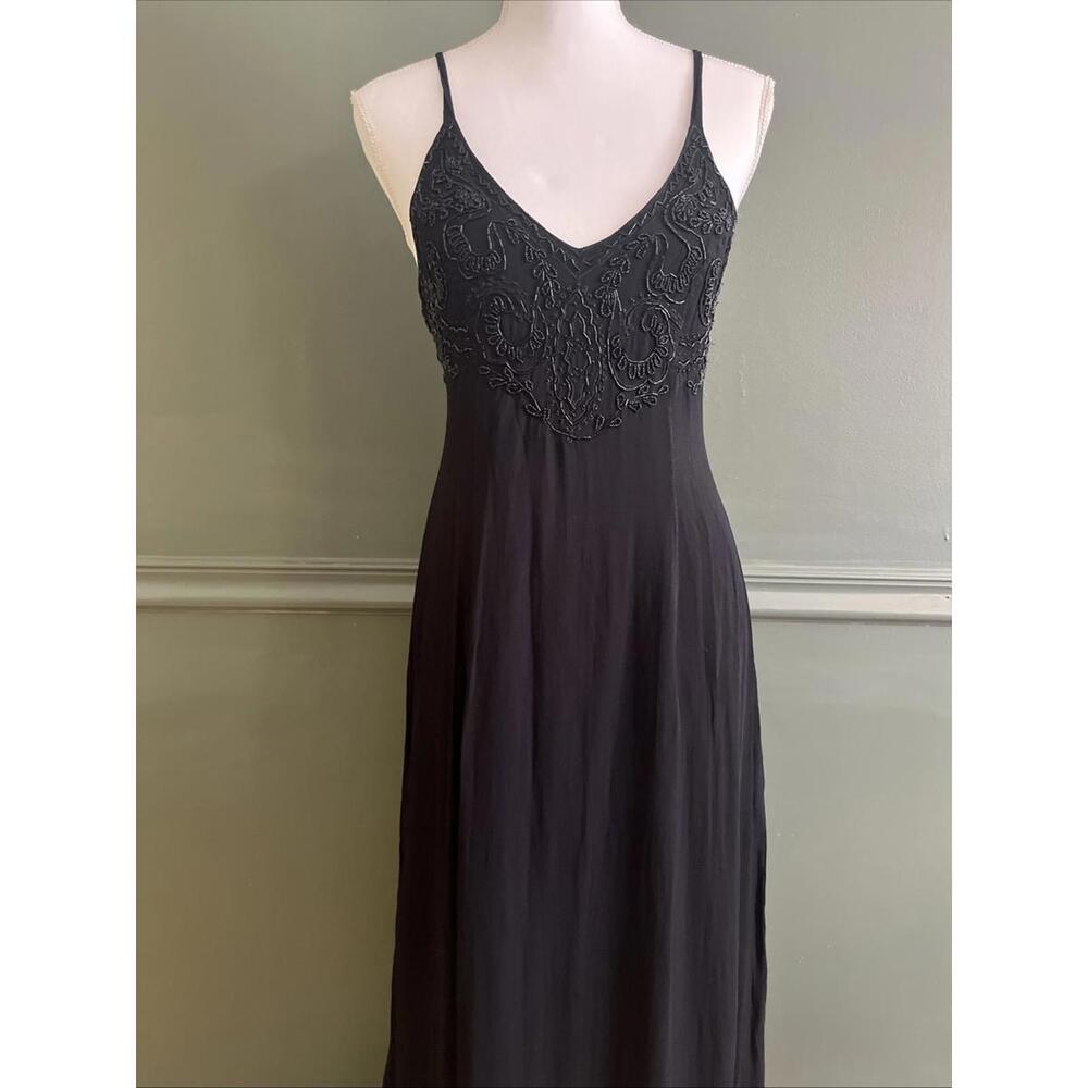 Vintage 90s Black Rayon Beaded Slip Dress L –Y2K Witchy Goth Fairy Romantic Maxi